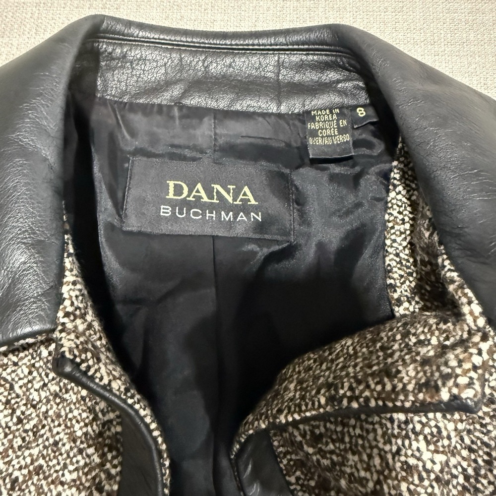 Dana Buchman Wool Blend Open Front Brown Tweed Blazer Black Leather Trim Size 8 - Picture 7 of 11